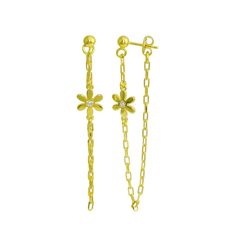 Sterling Silver Gold Plated Dangling Flower CZ Earrings