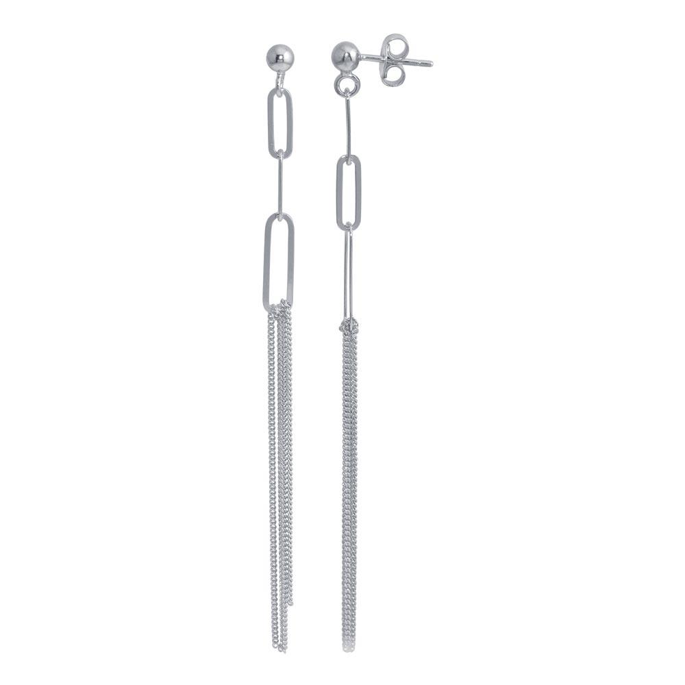 Sterling Silver Rhodium Plated Dangling Ball Paperclip Earrings