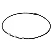 Load image into Gallery viewer, Sterling Silver Black Rhodium Plated Popcorn Italian Chain Necklace with Three Silver Paved Square Charms Magnetic Clasp Closure. Chain Length of 17.5 And Thickness: 3.27MM