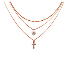 Load image into Gallery viewer, Sterling Silver Rose Gold Plated Triple Chain Heart and Cross Necklace with CZ