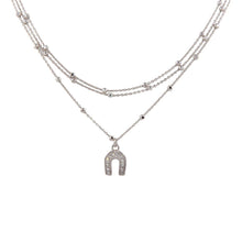 Load image into Gallery viewer, Sterling Silver Rhodium Plated Multi Chain DC Beaded Horse Shoe Charm Choker Necklace