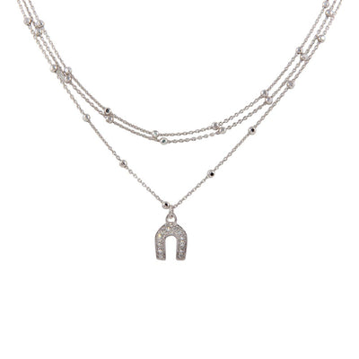 Sterling Silver Rhodium Plated Multi Chain DC Beaded Horse Shoe Charm Choker Necklace