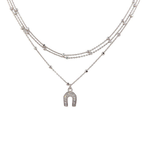 Sterling Silver Rhodium Plated Multi Chain DC Beaded Horse Shoe Charm Choker Necklace
