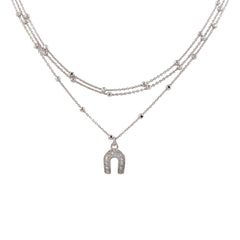 Sterling Silver Rhodium Plated Multi Chain DC Beaded Horse Shoe Charm Choker Necklace