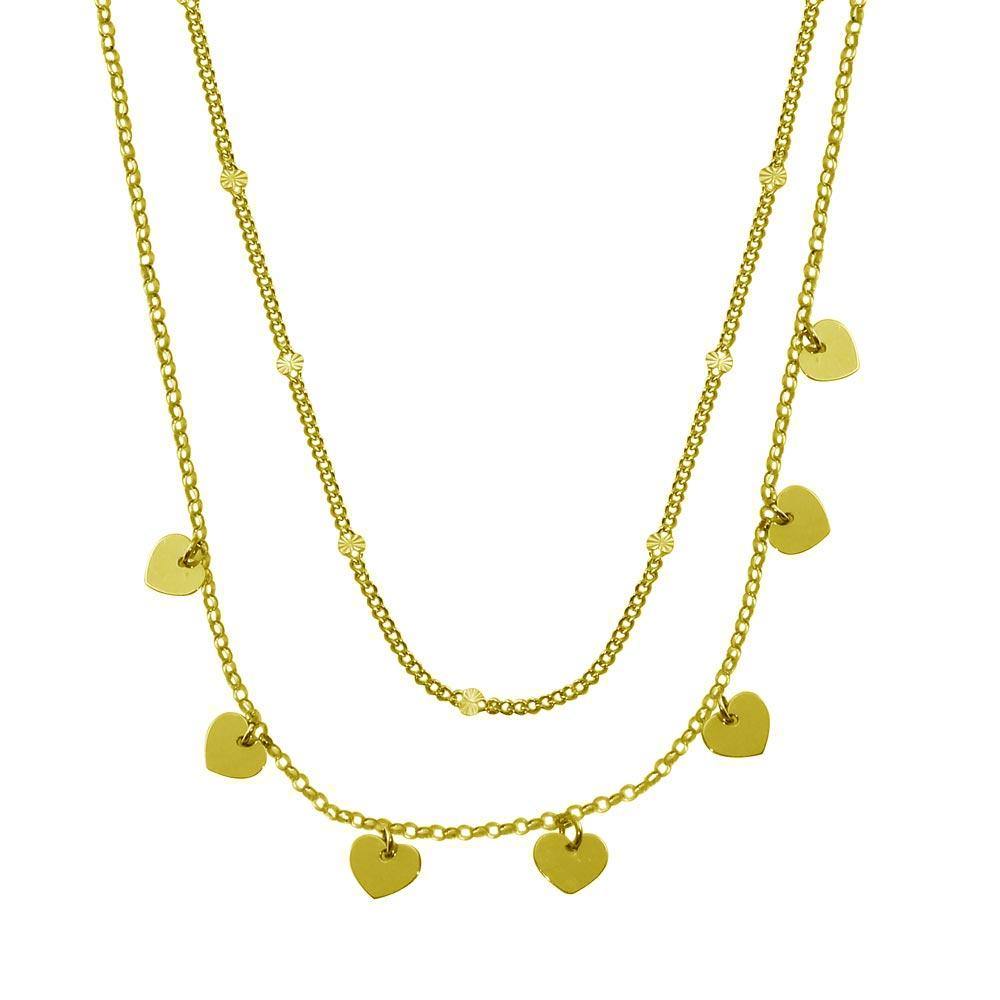 Sterling Silver Gold Plated Multi Chain Dangling Heart Charm Necklace