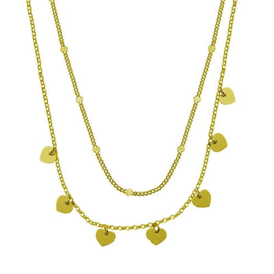 Sterling Silver Gold Plated Multi Chain Dangling Heart Charm Necklace - silverdepot