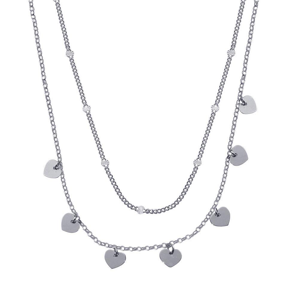 Sterling Silver Rhodium Plated Multi Chain Dangling Heart Charm Necklace - silverdepot