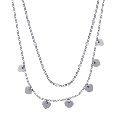 Sterling Silver Rhodium Plated Multi Chain Dangling Heart Charm Necklace - silverdepot