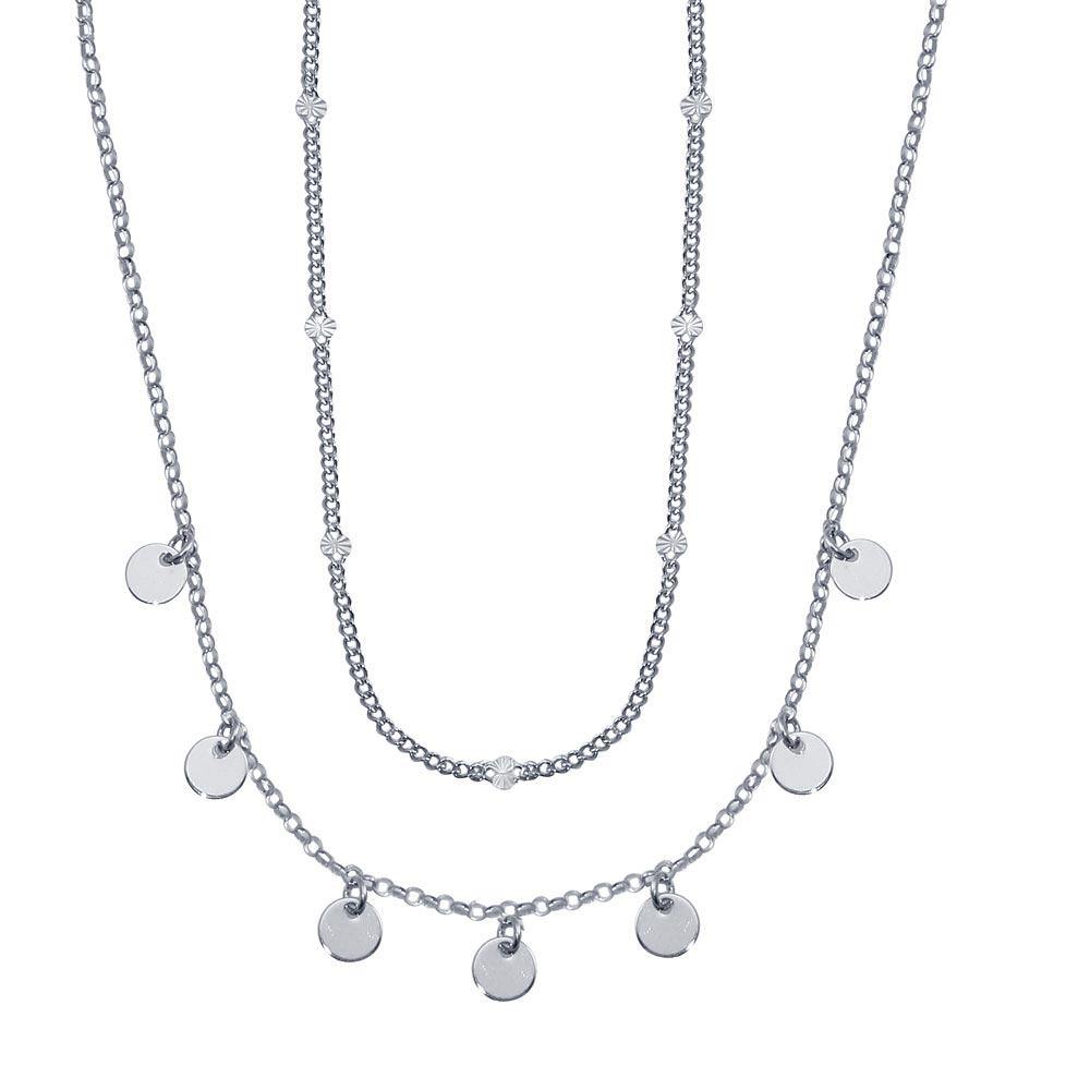 Sterling Silver Rhodium Plated Multi Chain Dangling Disc Charm Necklace
