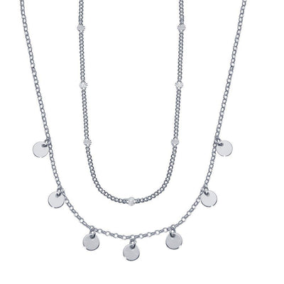 Sterling Silver Rhodium Plated Multi Chain Dangling Disc Charm Necklace - silverdepot