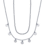 Sterling Silver Rhodium Plated Multi Chain Dangling Disc Charm Necklace