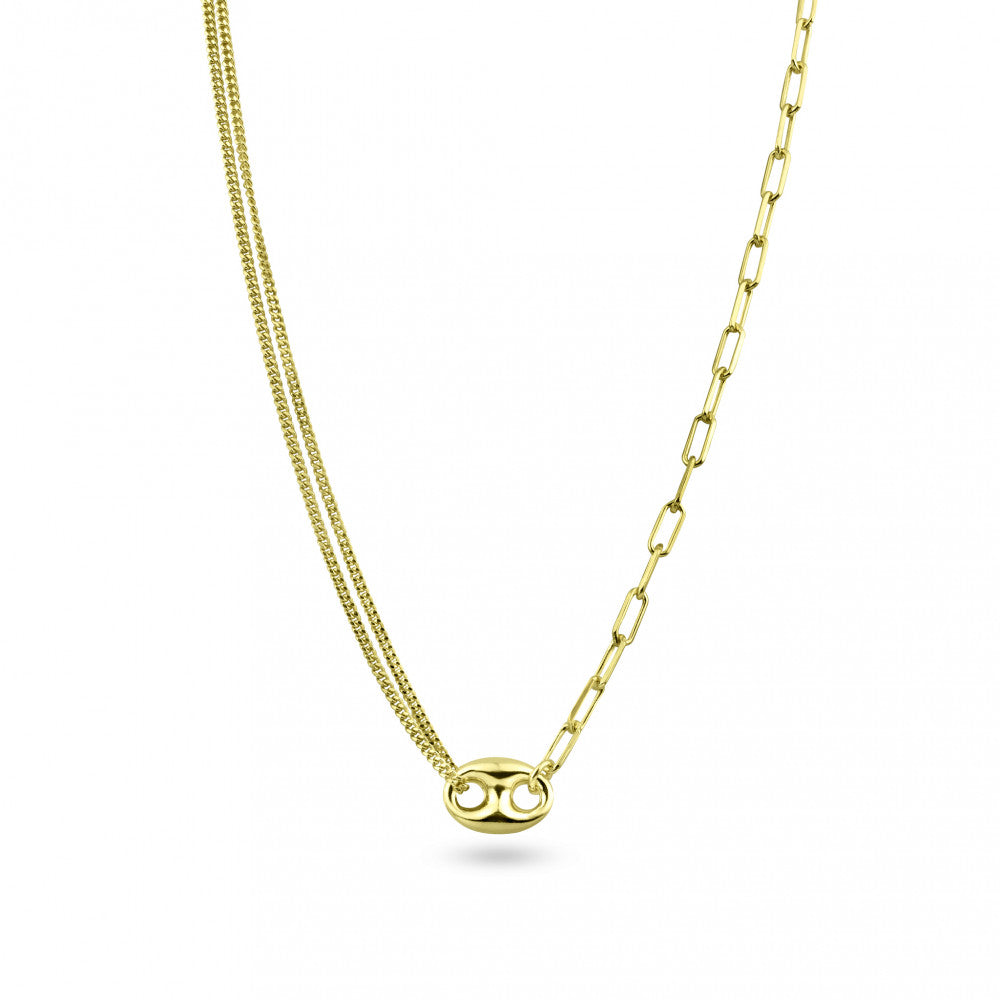 Sterling Silver Gold Plated Puffed Mariner Double Strand Curb And Single Paperclip Adjustable Link Necklace