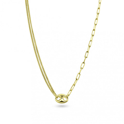 Sterling Silver Gold Plated Puffed Mariner Double Strand Curb And Single Paperclip Adjustable Link Necklace
