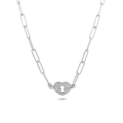 Sterling Silver Rhodium Plated Adjustable Clear CZ Heart Lock Necklace