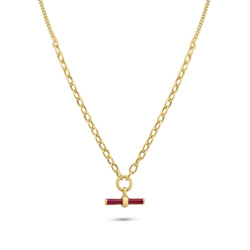 Sterling Silver Gold Plated Curb Rolo Adjustable Enamel Red Bar Necklace