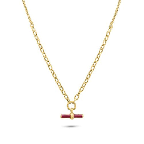 Sterling Silver Gold Plated Curb Rolo Adjustable Enamel Red Bar Necklace