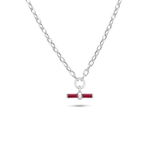 Sterling Silver Rhodium Plated Curb Rolo Adjustable Enamel Red Bar Necklace