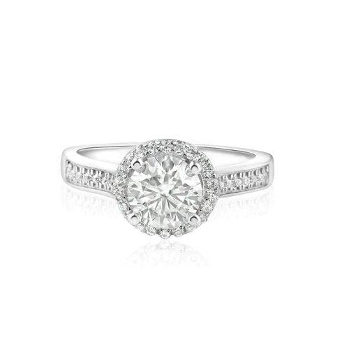Sterling Silver Rhodium Plated 1 Carat Moissanite And Clear CZ Ring