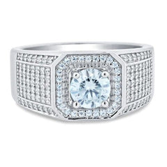 Sterling Silver Rhodium Plated Men's 1 Carat Moissanite Stones Encrusted Statement Ring