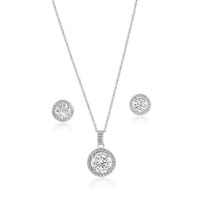 Sterling Silver Rhodium Plated Round Moissanite 0.5 Carat Earring and 2 Carat Necklace Sets