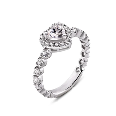 Sterling Silver Rhodium Moissanite Stone Heart Ring Thickness-2.5mm, Dimensions-9.1mmx8.5mm