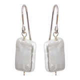 Sterling Silver Rhodium Plated Fish Hook Square Dangling Pearl Earrings