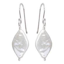 Load image into Gallery viewer, Sterling Silver Rhodium Plated Fish Hook Diamond Shape Dangling Pearl Earrings