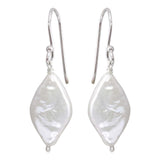 Sterling Silver Rhodium Plated Fish Hook Diamond Shape Dangling Pearl Earrings