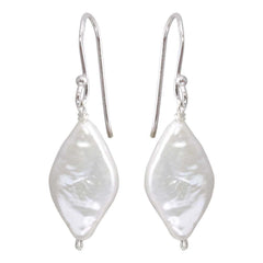 Sterling Silver Rhodium Plated Fish Hook Diamond Shape Dangling Pearl Earrings
