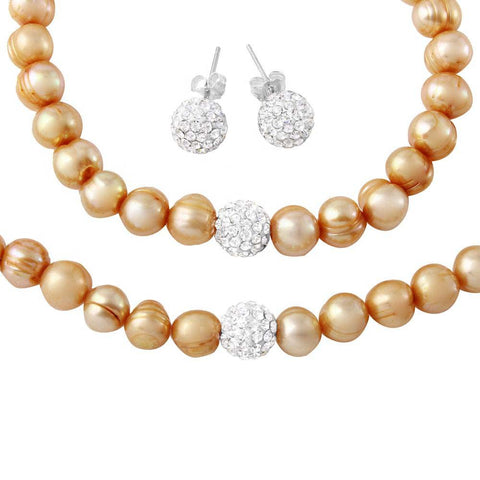 Sterling Silver Fresh Water Champagne Pearl Necklace, Bracelet and Earrings Set with CZ Encrusted Bead With CZ  Stones