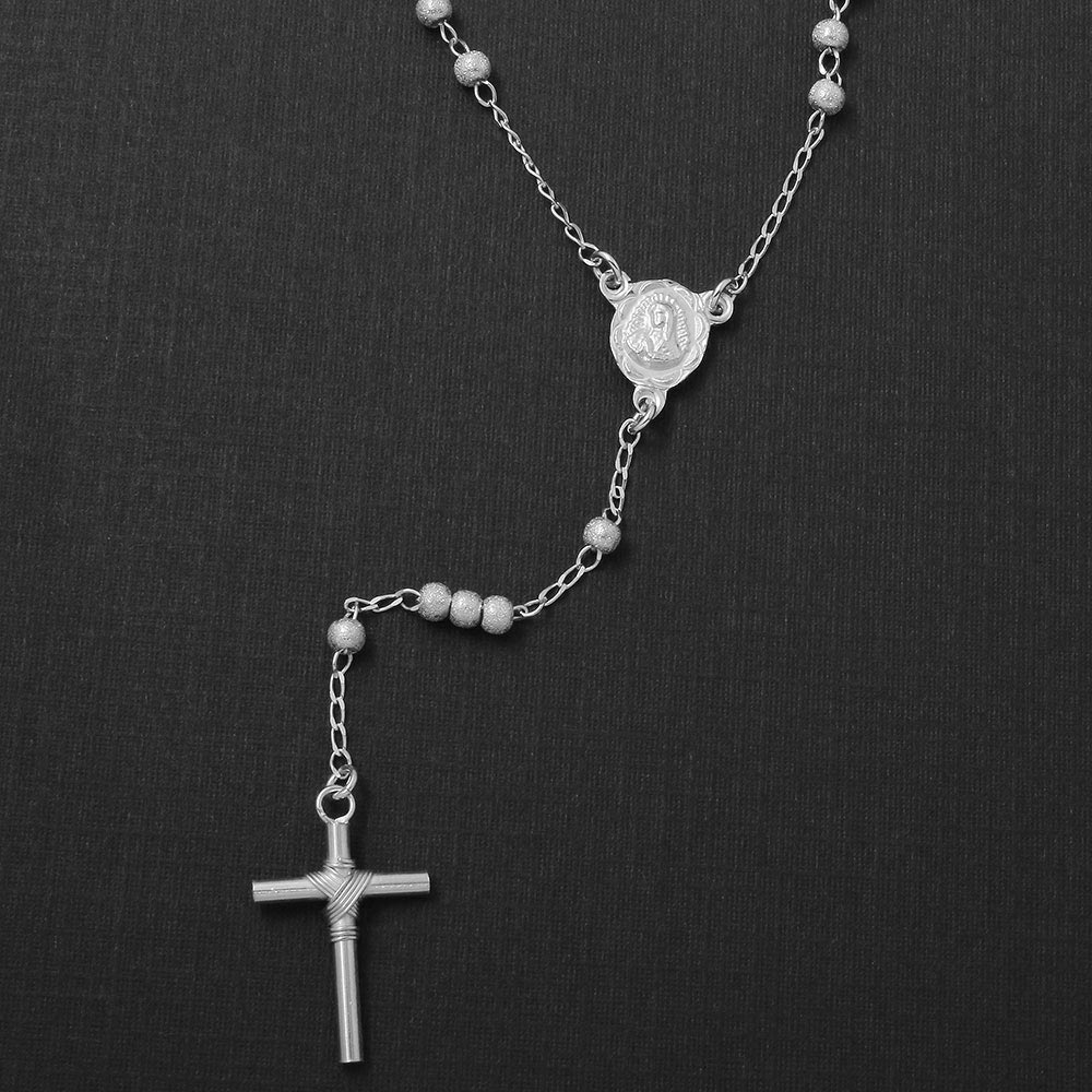 Sterling Silver Rhodium Plated 3MM Glittered Beads Rosary Necklace