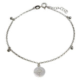 Sterling Silver Rhodium Plated Compass Disc with Dangling Beads Anklet