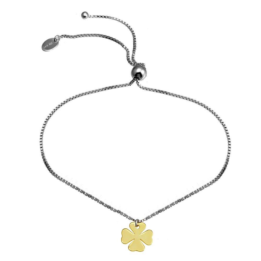 Sterling Silver Rhodium Plated with Gold Plated Clover Charm Lariat Bracelet