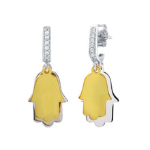 Load image into Gallery viewer, Sterling Silver Two Toned Dangling Hamsa Hand CZ Earrings