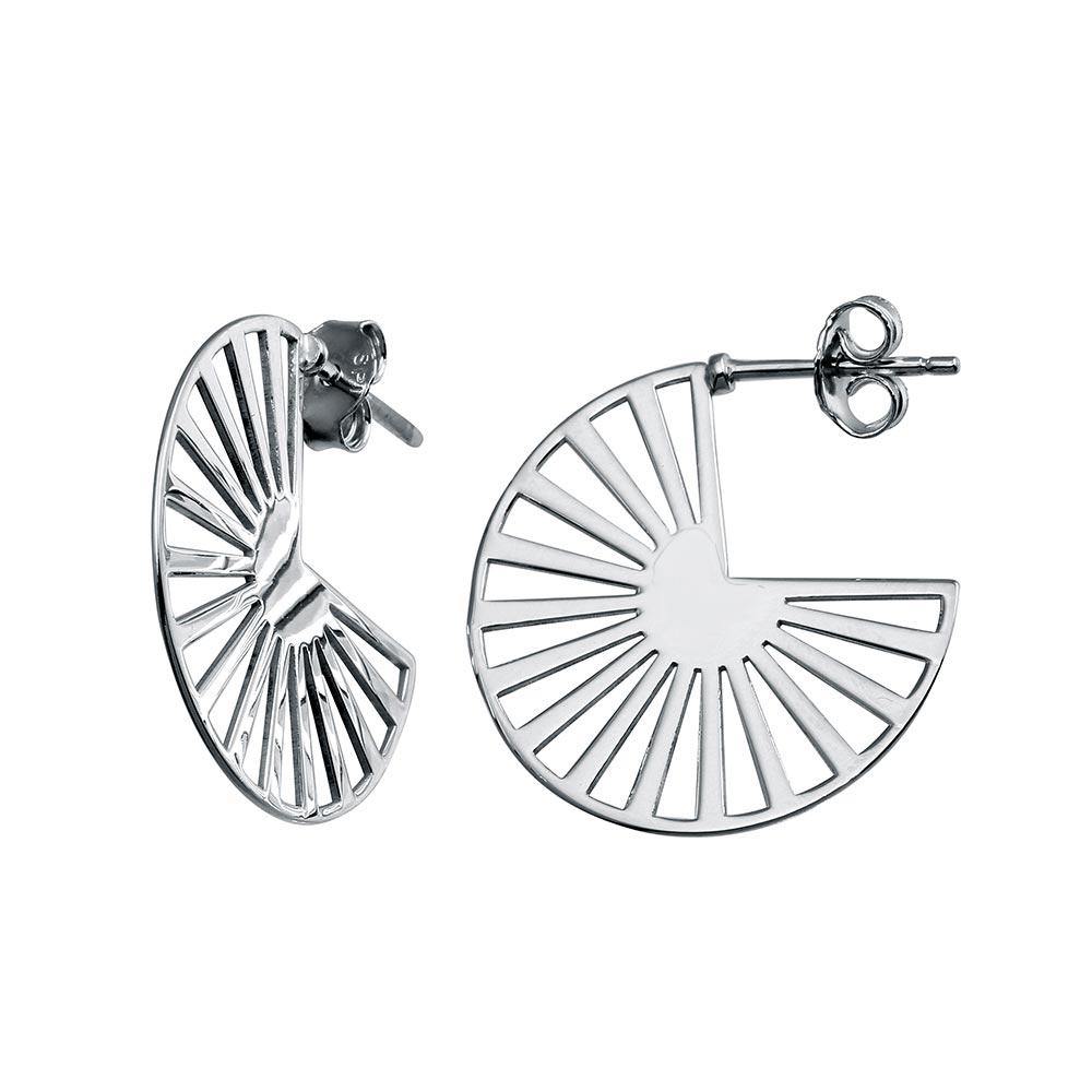 Sterling Silver Rhodium Plated Semi Hoop Fan Earrings