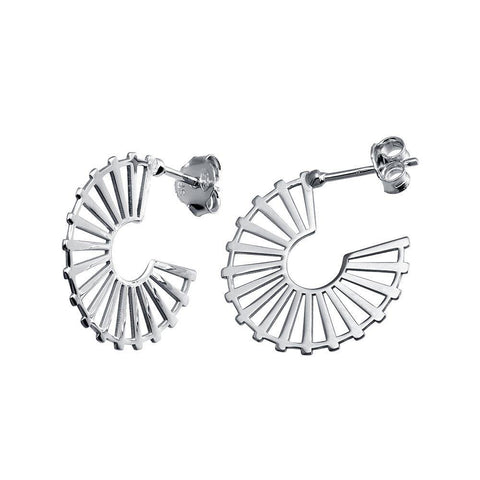 Sterling Silver Rhodium Plated Semi Hoop Fan Earrings