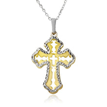 Load image into Gallery viewer, Sterling Silver Gold and Rhodium Plated Double Cross Necklace