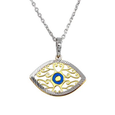 Sterling Silver 2 Toned Blue Enamel Center Double Eye Necklace