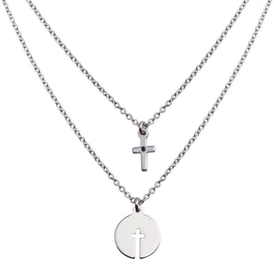 Sterling Silver Rhodium Plated Multi Chain Cross and Cross Cutout Pendant Necklace - silverdepot