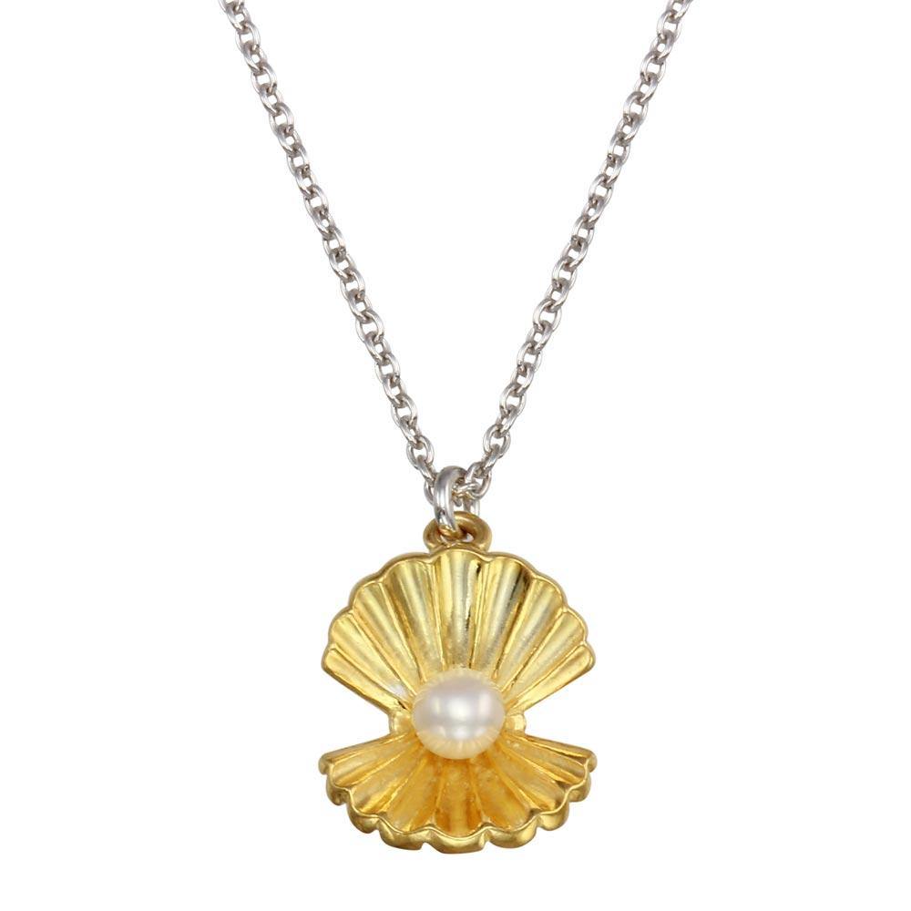 Sterling Silver Two Toned Clam and Synthetic Pearl Pendant Necklace - silverdepot