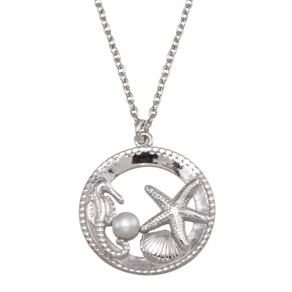 Sterling Silver Rhodium Plated Seahorse, Starfish, Clam, and Pearl Pendant Necklace