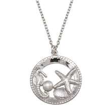 Load image into Gallery viewer, Sterling Silver Rhodium Plated Seahorse, Starfish, Clam, and Pearl Pendant Necklace - silverdepot
