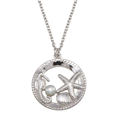 Sterling Silver Rhodium Plated Seahorse, Starfish, Clam, and Pearl Pendant Necklace - silverdepot