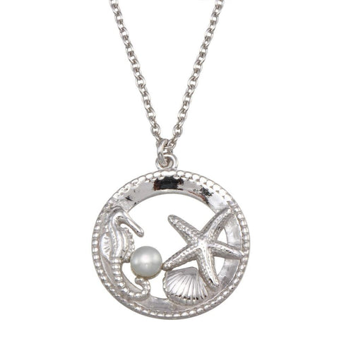 Sterling Silver Rhodium Plated Seahorse, Starfish, Clam, and Pearl Pendant Necklace