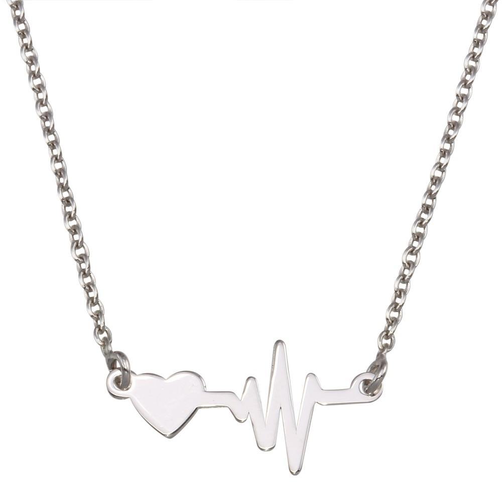 Sterling Silver Rhodium Plated Heart and Heartbeat Pendant Necklace