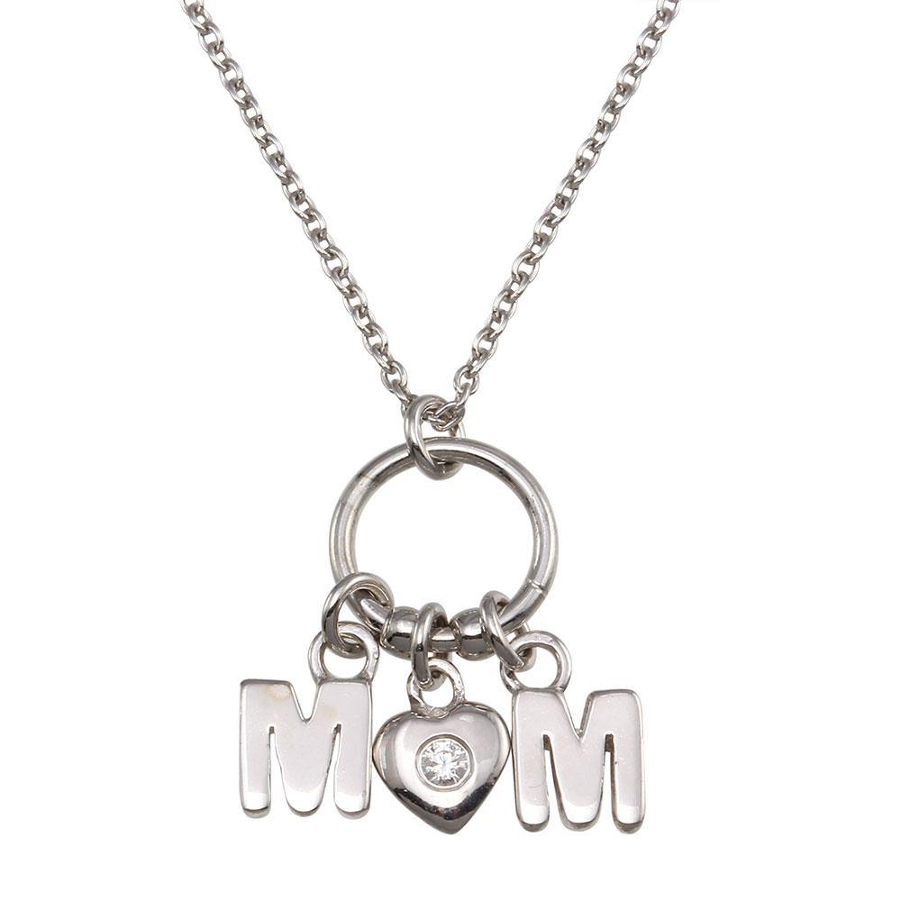 Sterling Silver Rhodium Plated Mom Heart CZ Pendant Necklace