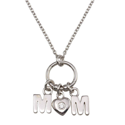 Sterling Silver Rhodium Plated Mom Heart CZ Pendant Necklace - silverdepot