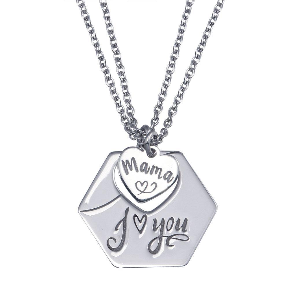 Sterling Silver Rhodium Plated Multi Chain Mama I Love You Hexagonal Pendant Necklace - silverdepot