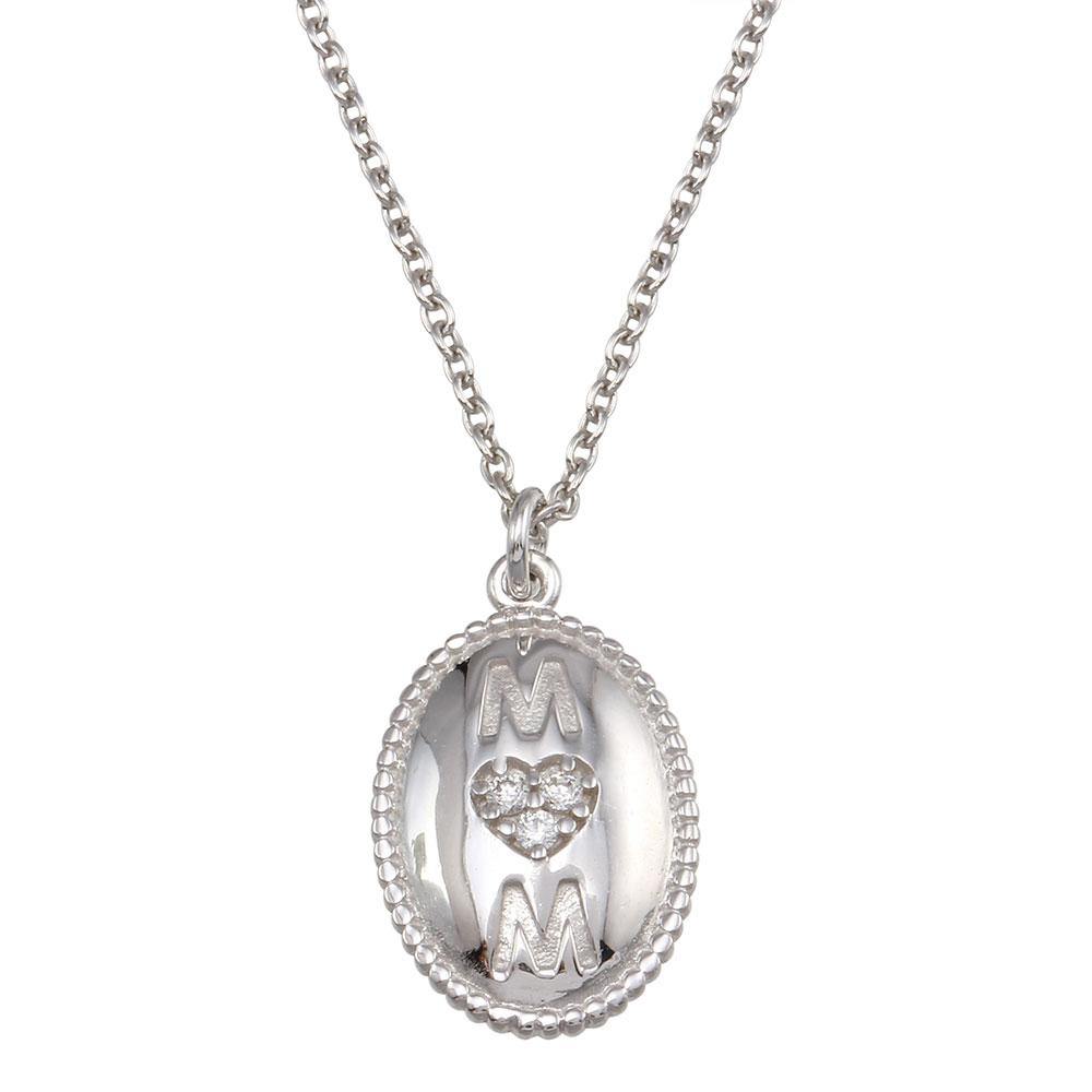 Sterling Silver Rhodium Plated Oval Mom Heart CZ Pendant Necklace - silverdepot