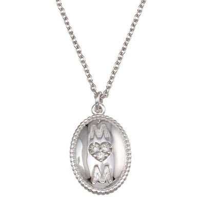 Sterling Silver Rhodium Plated Oval Mom Heart CZ Pendant Necklace - silverdepot